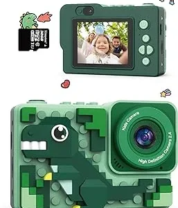 Cámara para niños, Nuevas cámaras de Bloques de construcción con temática de Dinosaurios Dibujados Animados, cumpleaños para niños y niñas de 3+ años, Incluye Tarjeta SD de 32GB.