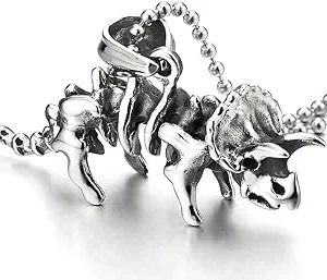 COOLSTEELANDBEYOND Vintage Triceratops Dinosaurios Esqueleto Collar con Colgante de Hombre Mujer, Acero Inoxidable, Bola Cadena 75CM
