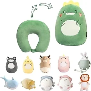 JOYRAVO Almohada de Viaje 2-en-1 para Niños – Peluche de Dinosaurio Convertible en Almohada Cervical en Forma de U para un Confort Óptimo Durante los Viajes (avión, Auto, Tren, autobús) – Dinosaurio