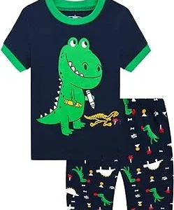 MIXIDON Pijama Corto para Niños Pequeños con Diseño de Dinosaurio y Tren de Algodón PJS, 2 Piezas, Ropa de Dormir para Niños de 1 a 10 Años
