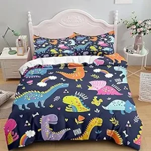 TSOPEFI Ropa de cama infantil con estampado de dinosaurios, linda caricatura colorida con estampado de dinosaurios, juego de cama decorativo juguetón para niños y niñas (220 x 240 cm, A)