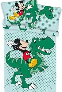 Funda Nórdica Mickey Mouse – Funda Nórdica Disney Infantil de Dinosaurios, para Edredón de Cama de 90, 100x135cm y Funda de Almohada 40x60cm, Color Verde